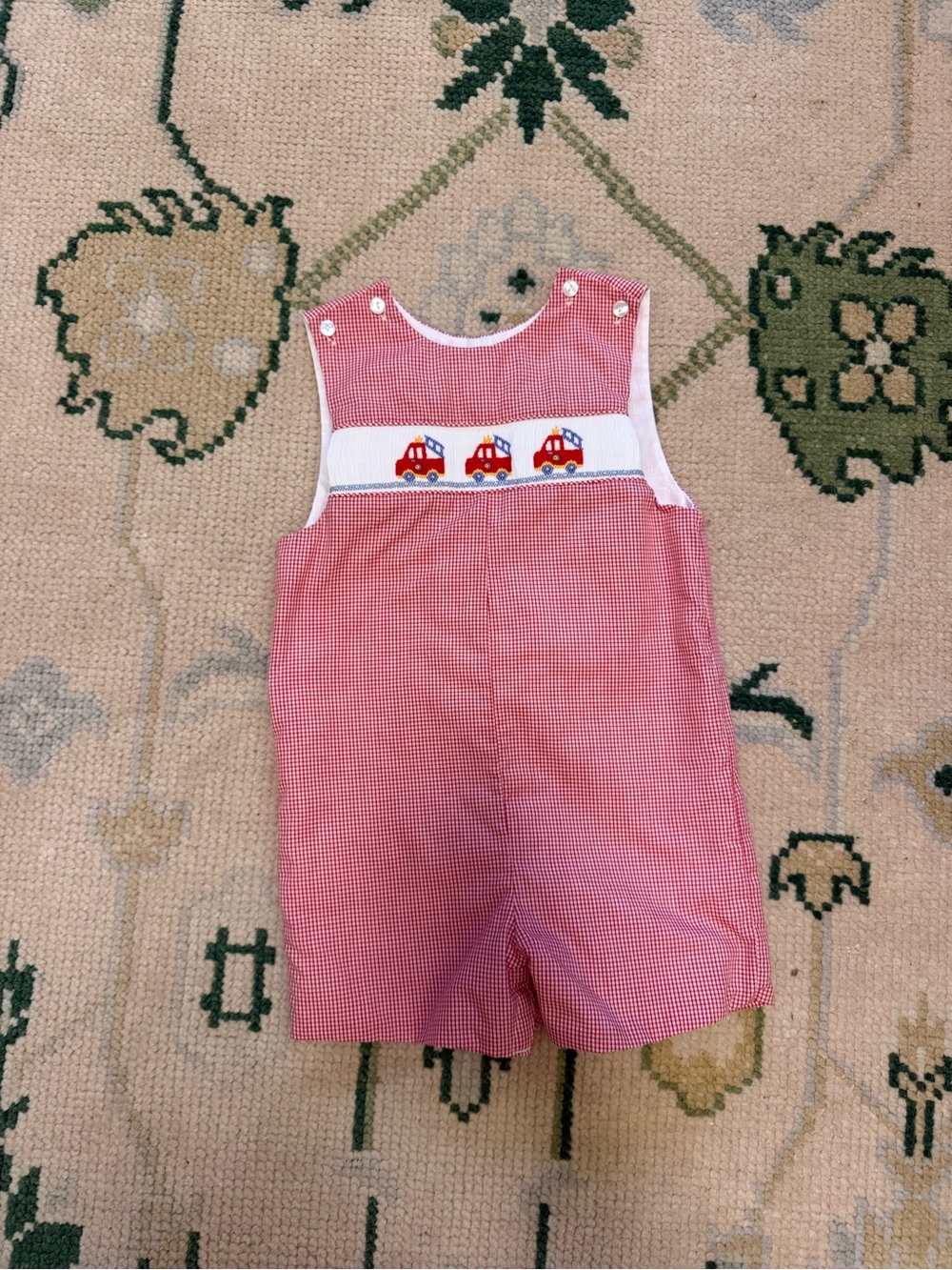 Edgehill Collection Red Gingham Boys' Shortall with Fire Truck Smocking